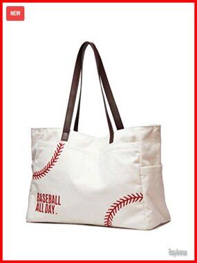 Canvas Faux Leather Baseball Mom Tote Bag with Pockets